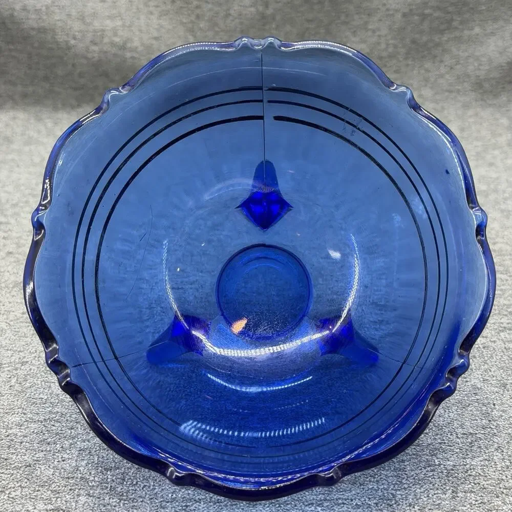 VTG Cobalt Blue Glass Candy Dish Bowl Mt Pleasant 3 Black Stripes 3 Toed READ